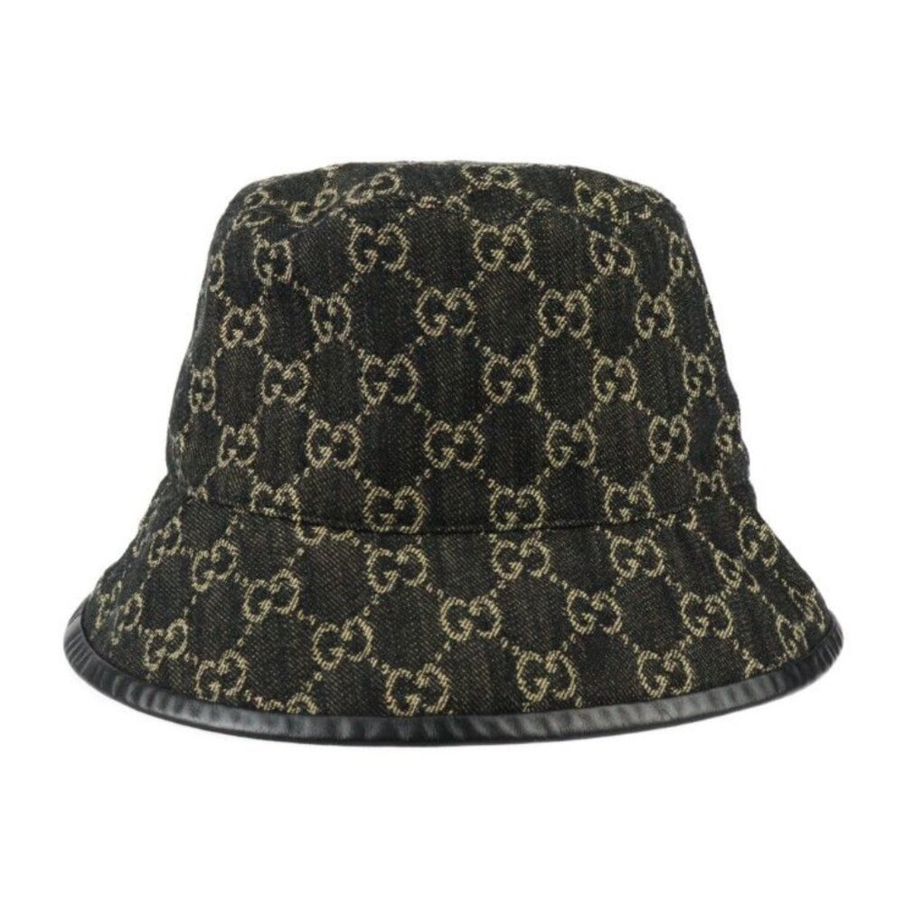 Gucci Bucket Hat GG Canvas Leather Black Beige Hat - Picture 1 of 10